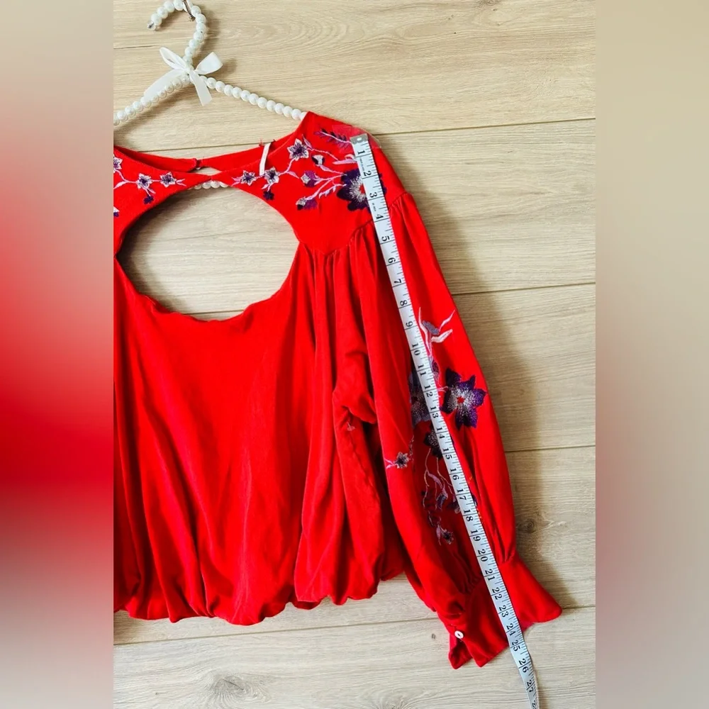 Free People Red Floral Embroidered Blouse